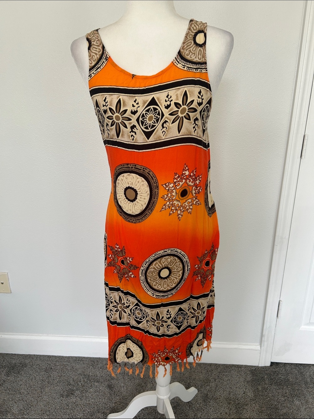 Sleeveless Orange Boho Midi Dress with Fringe Hem. M
